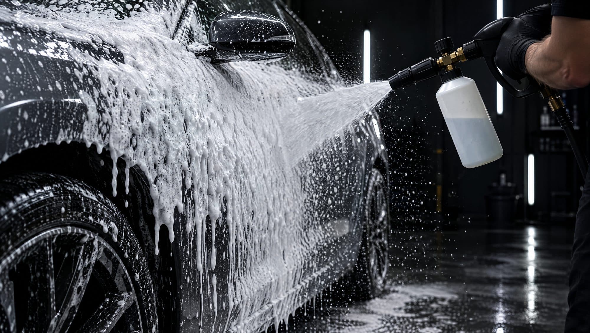 A car covered in foam before its hand wash