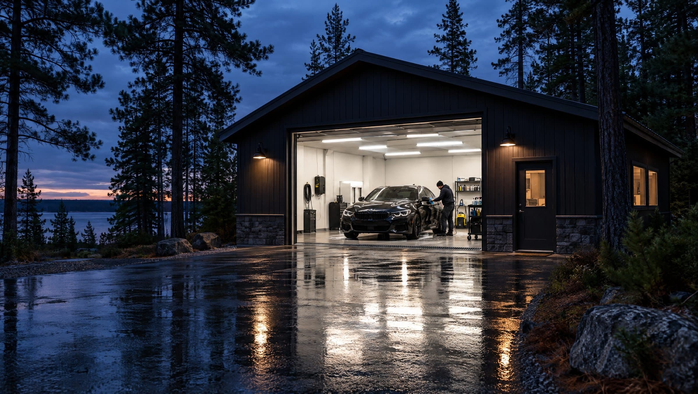 The detailing shop at dusk, its bay door lit and a black car inside, pines and the lake behind