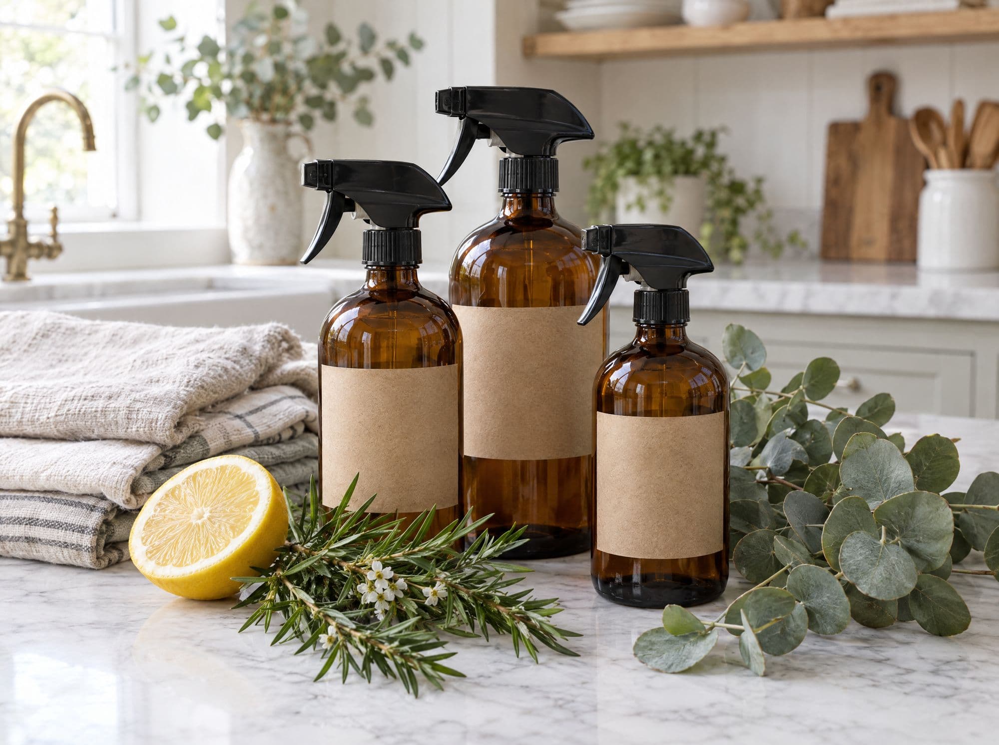 Amber glass bottles of homemade cleaner with tea tree, eucalyptus and lemon