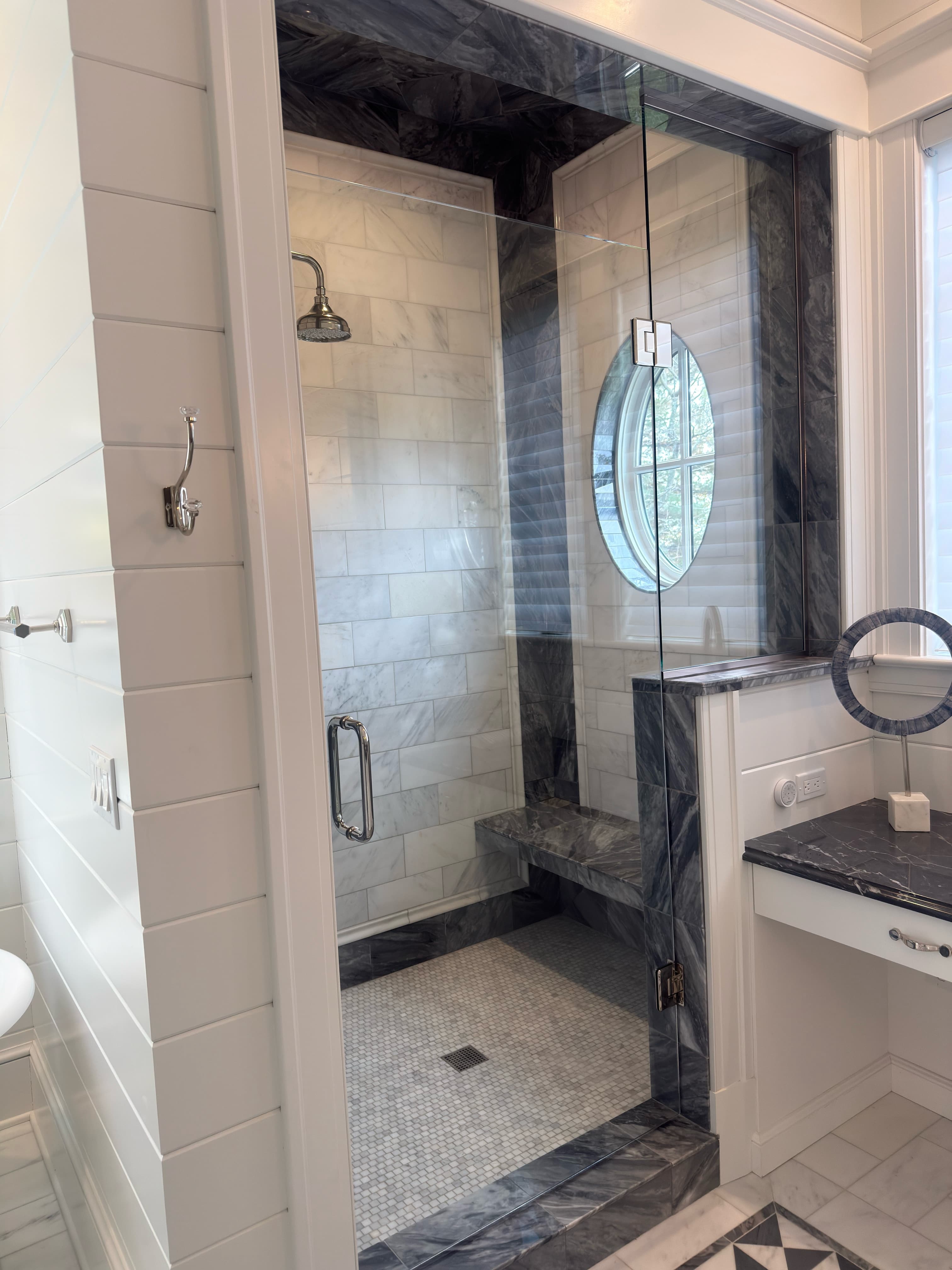 Marble shower, glass and tile shining